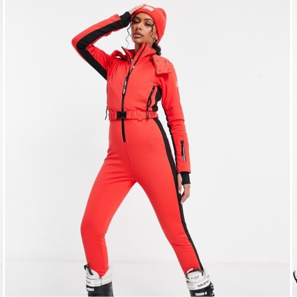 ASOS 4505 Fitted Snow Ski Suit jumpsuit with removable Hood & Belt RED US 2 NEW